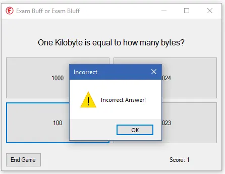 Dialog box titled "Incorrect" with a yellow warning icon and message "Incorrect Answer!" and an "OK" button.