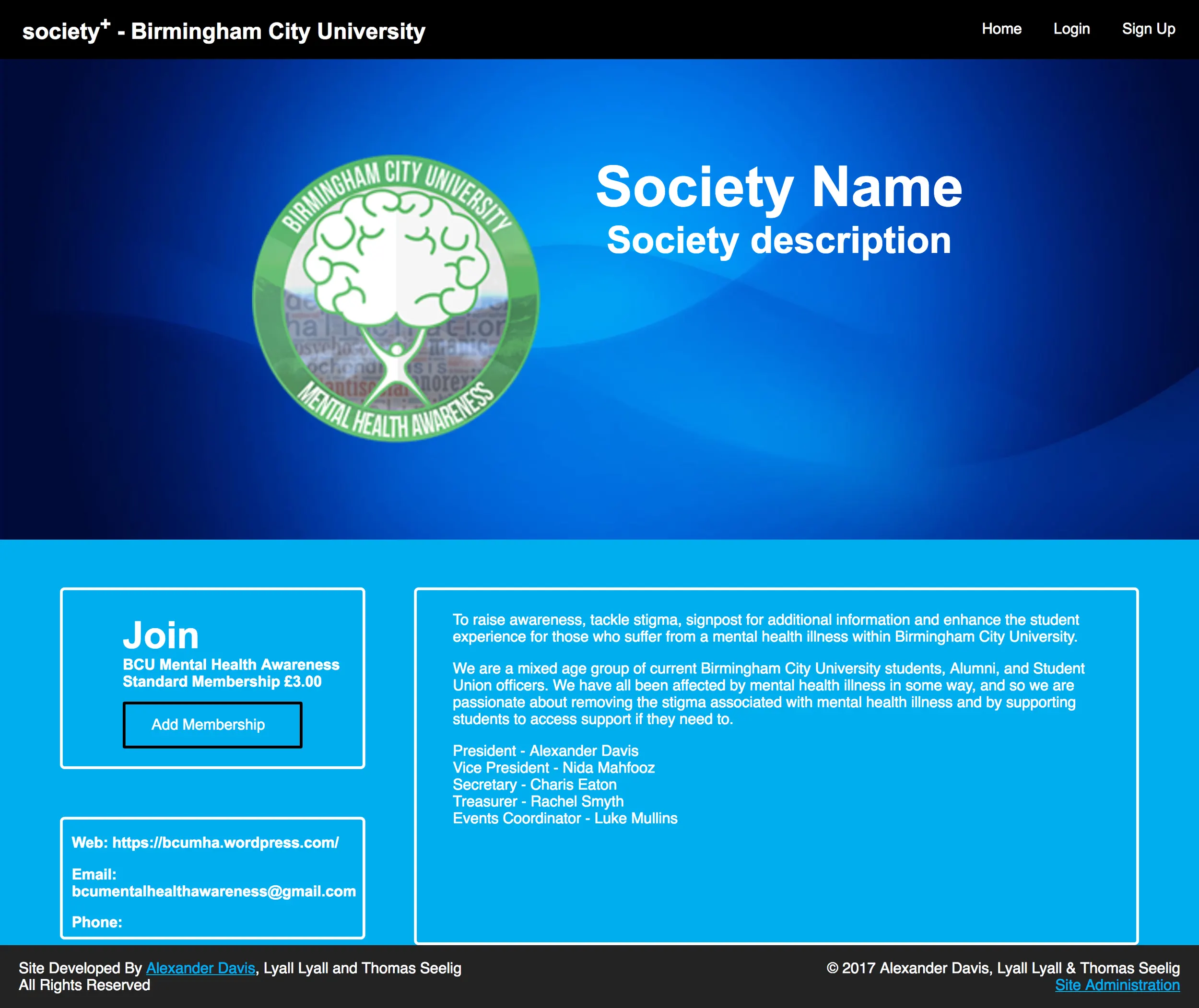 A full screenshot of the Society+ Mental Health Awareness webpage for Birmingham City University. The top features the BCU Mental Health Awareness logo, with placeholder text "Society Name" and "Society description" to the right. Below is a blue section promoting membership for £3.00 with a button to add membership. The central panel contains a mission statement outlining the society’s aim to raise awareness, tackle stigma, and support students with mental health needs. It lists the committee me