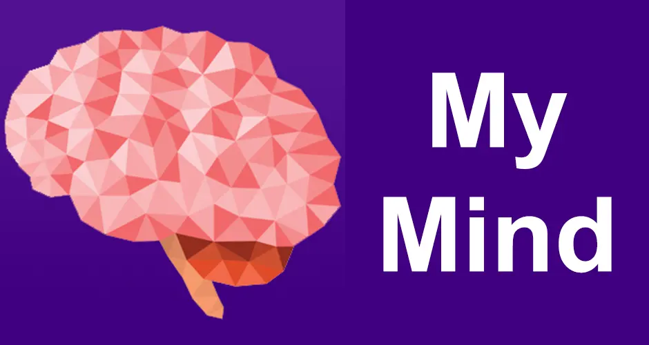 Logo banner for the "My Mind" app featuring a geometric brain on the left and bold white text "My Mind" on a purple background to the right.