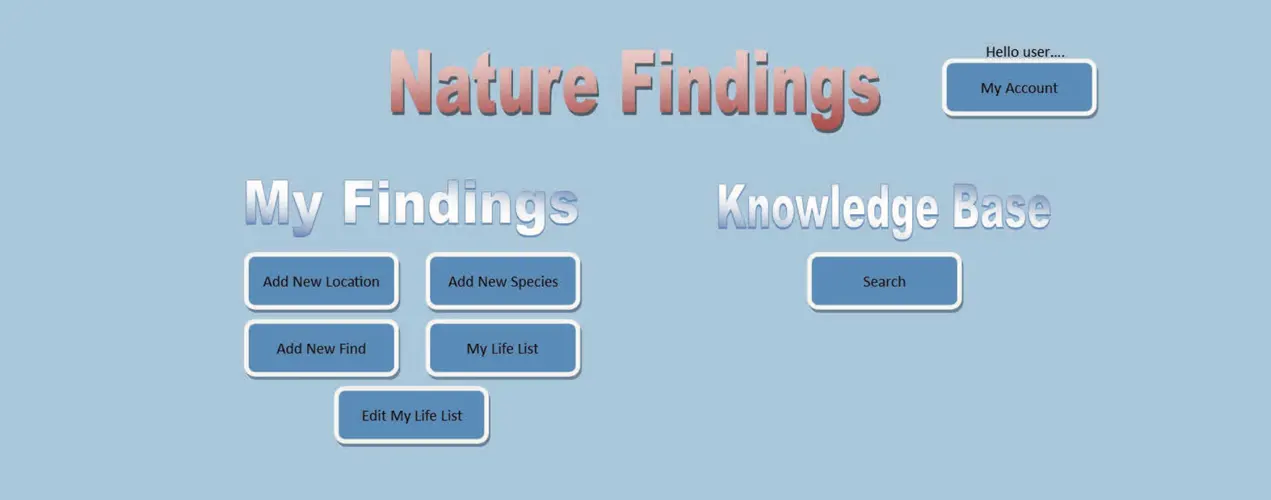 Interface of the Nature Findings app showing options to add new findings, edit a life list, and access a knowledge base search, with a pale blue background and stylised headings.