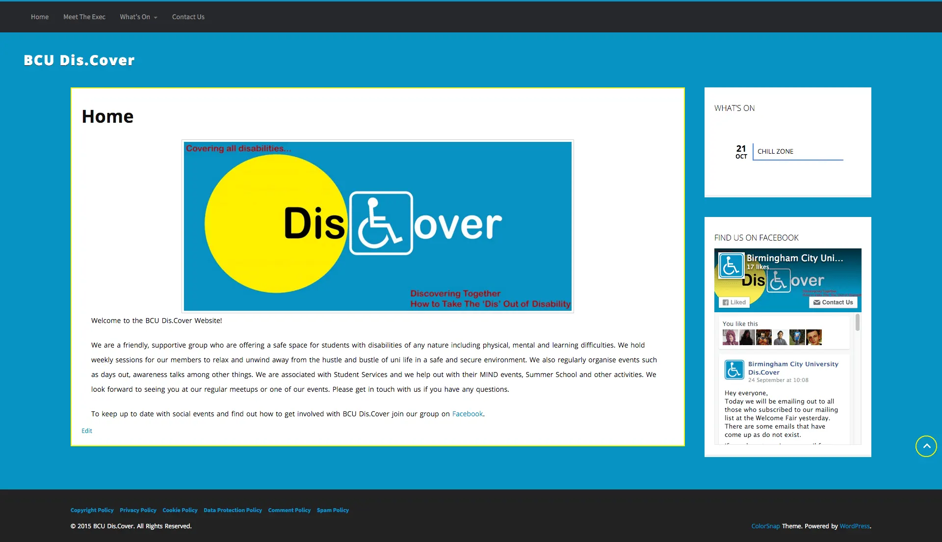 Full-page screenshot of the BCU Dis.Cover homepage with welcome text, logo banner, Facebook widget, and event sidebar.