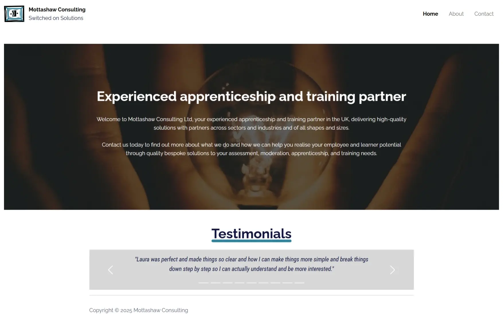 Homepage of Mottashaw Consulting featuring a background image of a hand holding a glowing lightbulb, overlaid with text describing the company's apprenticeship and training services.